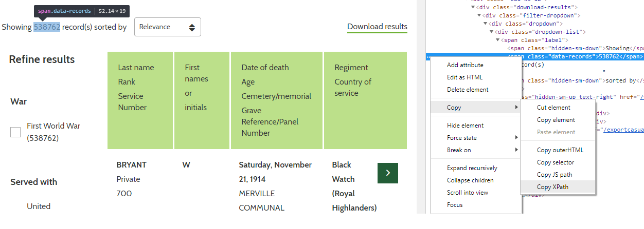 Figure 2. HTML element Id and XPath from https://www.cwgc.org